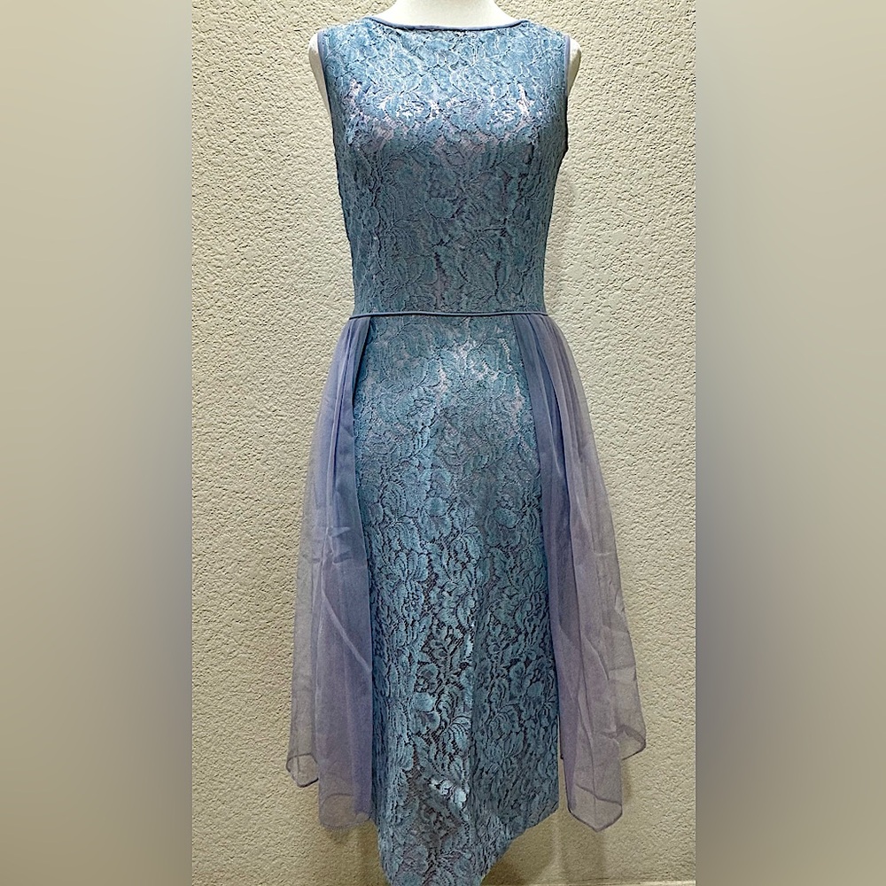 1950s vintage elegant blue lace dress with sheer overlay